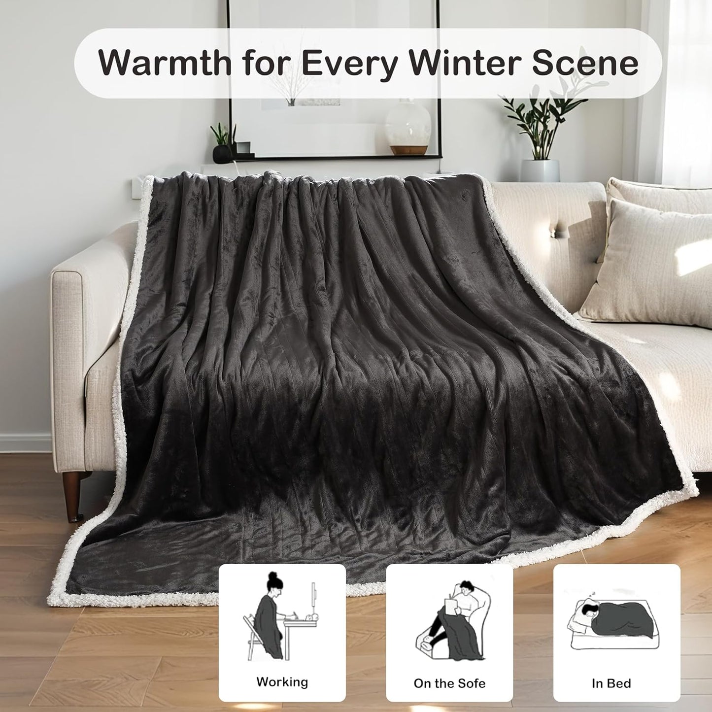Electric Throw Heated Blanket 50'' x 60''- Soft Plush Flannel Heating Blanket